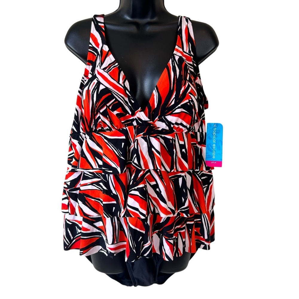 Tropical Escape Womens Plus Triple Tiered Orange Miami Palm Swimsuit
